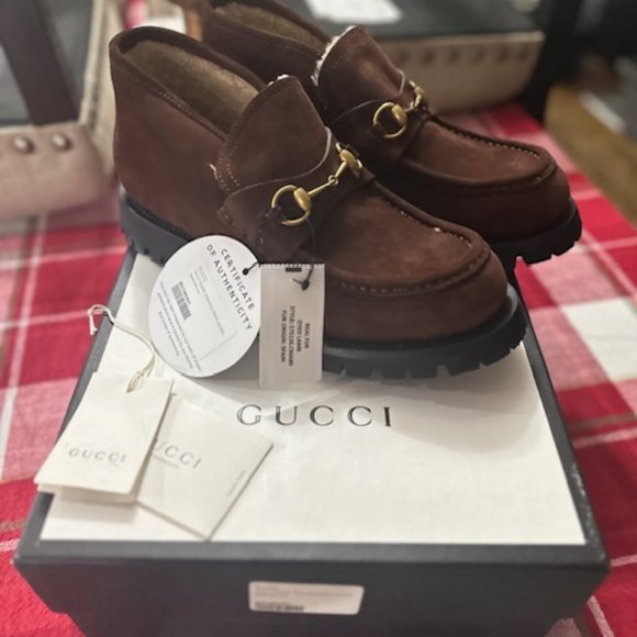 NEW GUCCI MEN'S BROWN SUEDE SHEARLING FUR HORSEBIT BOOTS/Loafer size G8/US 10 - Picture 11 of 16